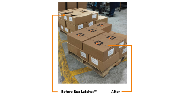 Closing boxes without tape. Boxes stacked without and with Box Latch