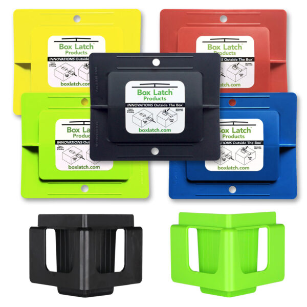 Box Latch - Closing boxes without tape. ISO business pack. Large - green, yellow, red, blue, black. Clip and stack - black, green.